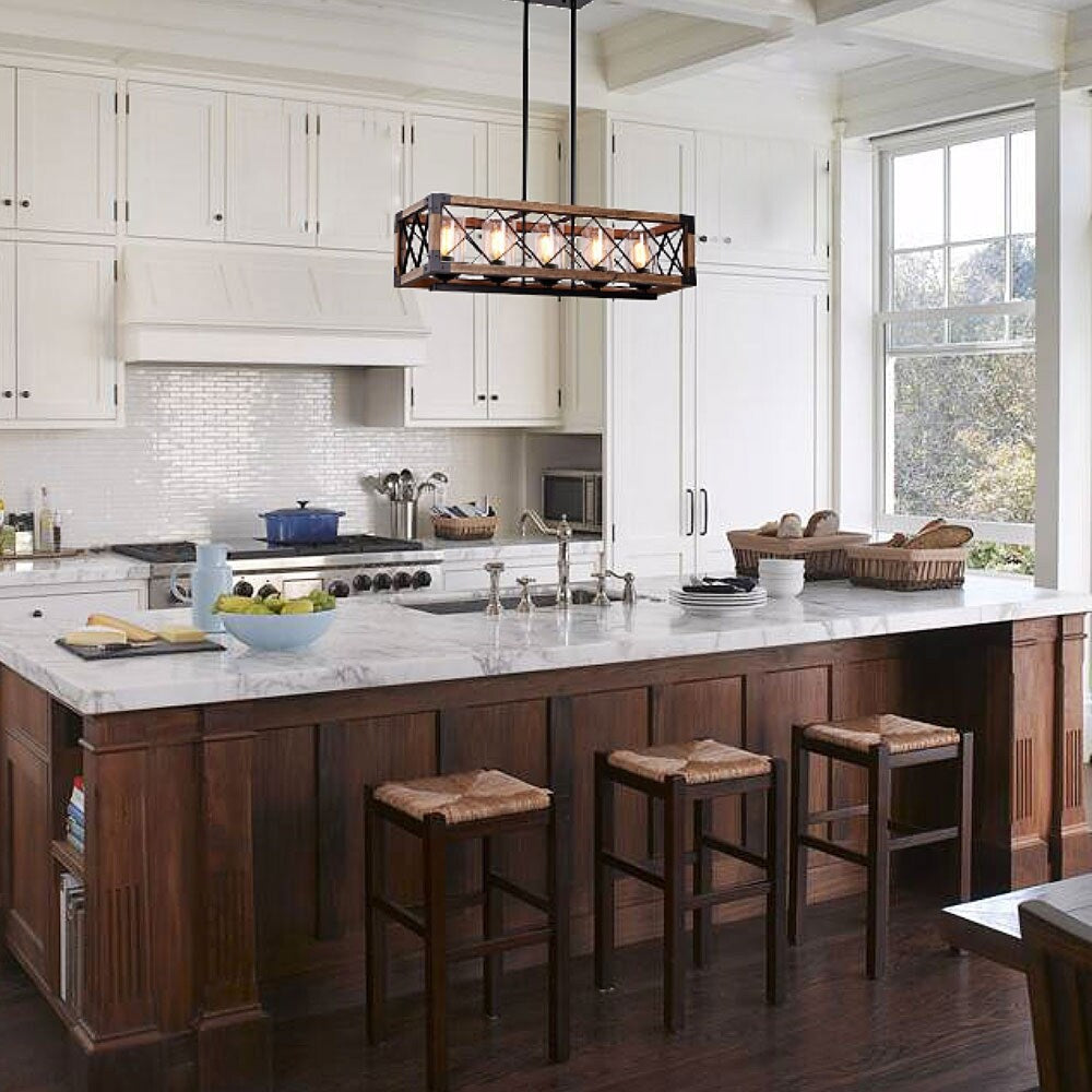 Luminaire suspendu rectangulaire en bois à 5 lumières, style ferme moderne, avec verre dépoli, pour îlot de cuisine, salle à manger - 79,9 cm L x 22,2 cm l x 20,3 cm H