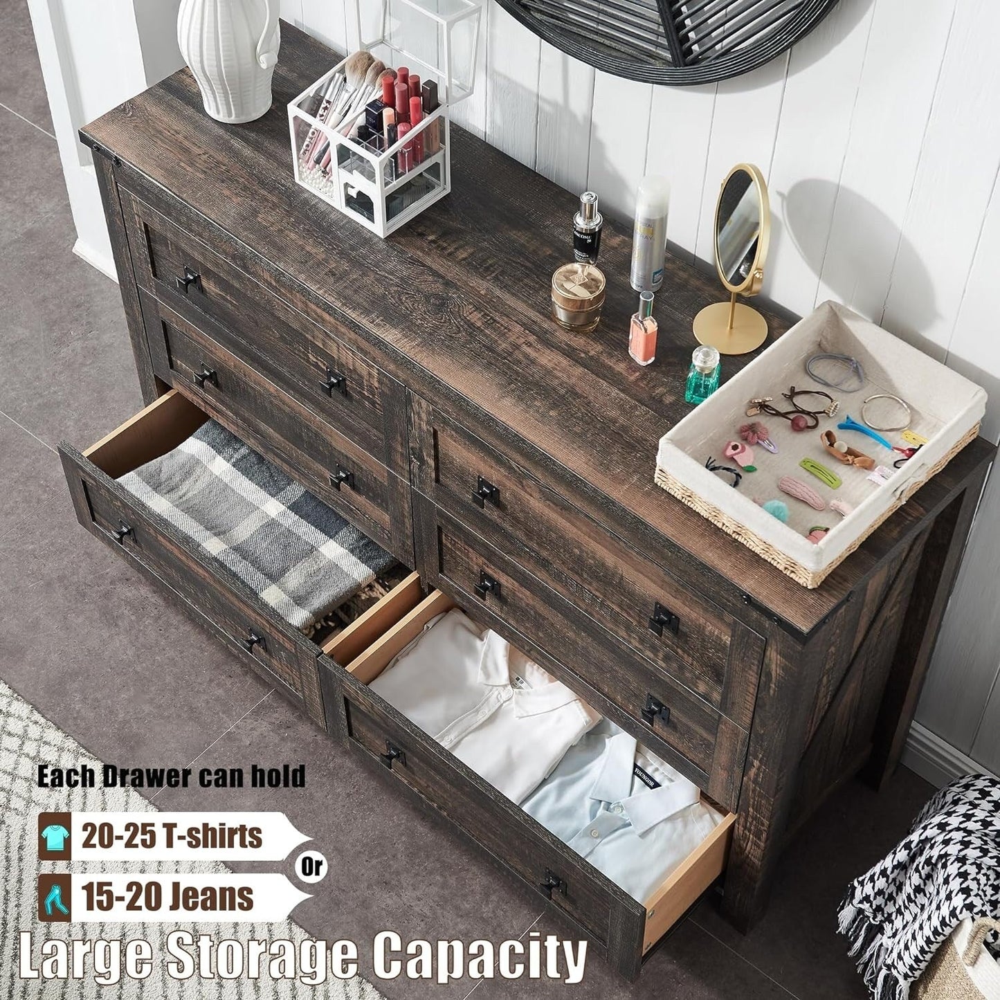 Commode à 6 tiroirs style farmhouse, meuble TV en bois, coffre à tiroirs