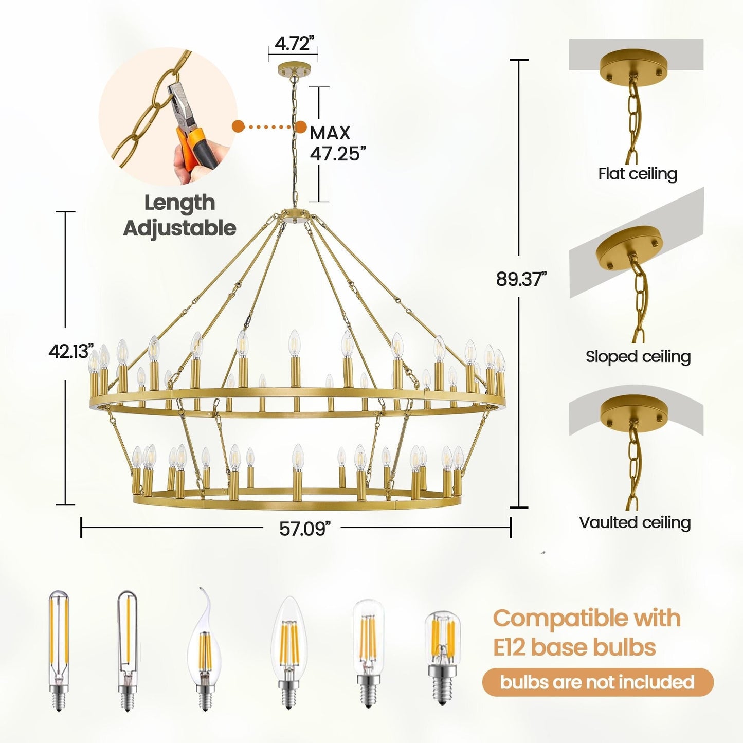 Luminaire moderne de style farmhouse, lustre à 2 niveaux en forme de roue de charrette, grand luminaire pour plafond haut.