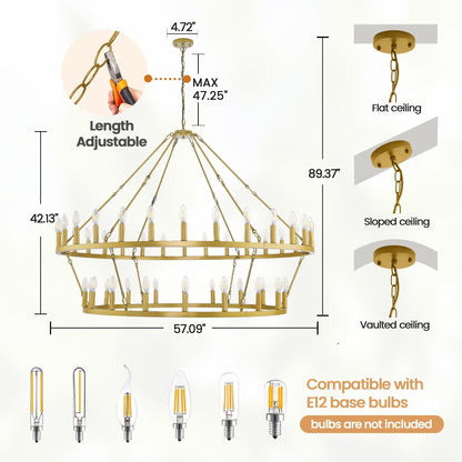 Luminaire moderne de style farmhouse, lustre à 2 niveaux en forme de roue de charrette, grand luminaire pour plafond haut.