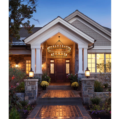 Luminaire moderne de style farmhouse, lustre à 2 niveaux en forme de roue de charrette, grand luminaire pour plafond haut.