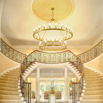 Luminaire moderne de style farmhouse, lustre à 2 niveaux en forme de roue de charrette, grand luminaire pour plafond haut.