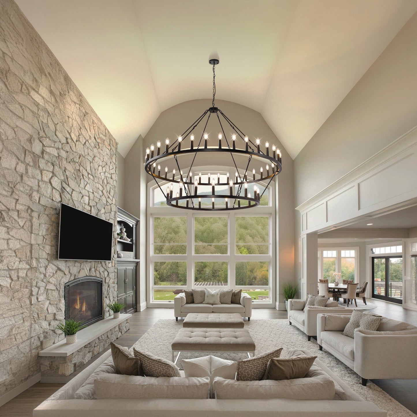 Luminaire moderne de style farmhouse, lustre à 2 niveaux en forme de roue de charrette, grand luminaire pour plafond haut.