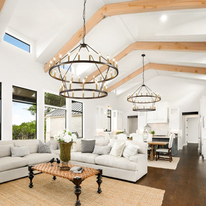 Luminaire moderne de style farmhouse, lustre à 2 niveaux en forme de roue de charrette, grand luminaire pour plafond haut.