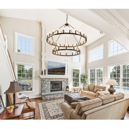 Luminaire moderne de style farmhouse, lustre à 2 niveaux en forme de roue de charrette, grand luminaire pour plafond haut.