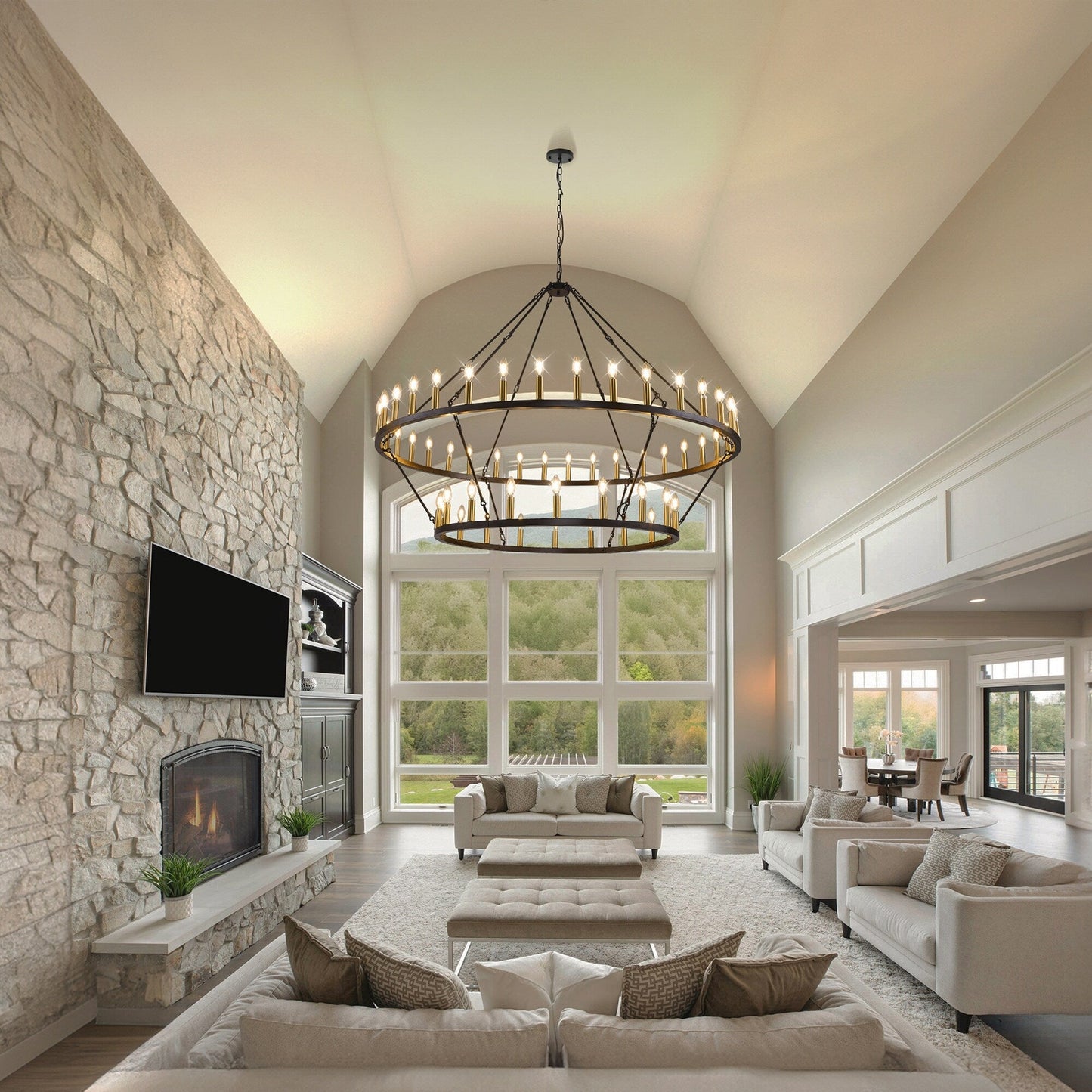 Luminaire moderne de style farmhouse, lustre à 2 niveaux en forme de roue de charrette, grand luminaire pour plafond haut.