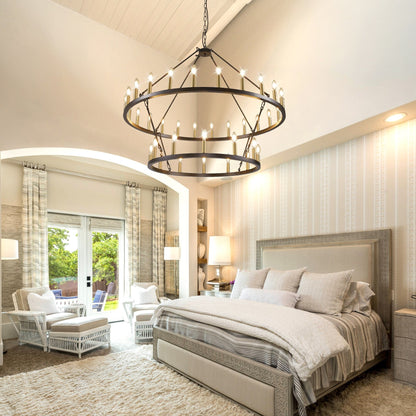 Luminaire moderne de style farmhouse, lustre à 2 niveaux en forme de roue de charrette, grand luminaire pour plafond haut.