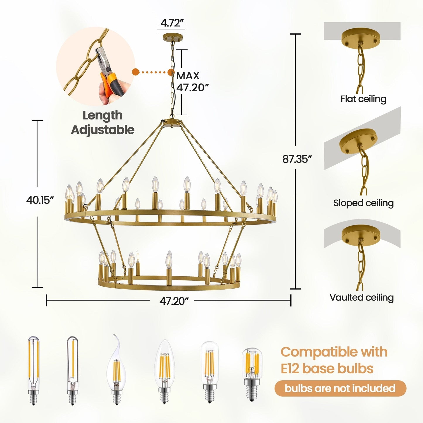 Luminaire moderne de style farmhouse, lustre à 2 niveaux en forme de roue de charrette, grand luminaire pour plafond haut.