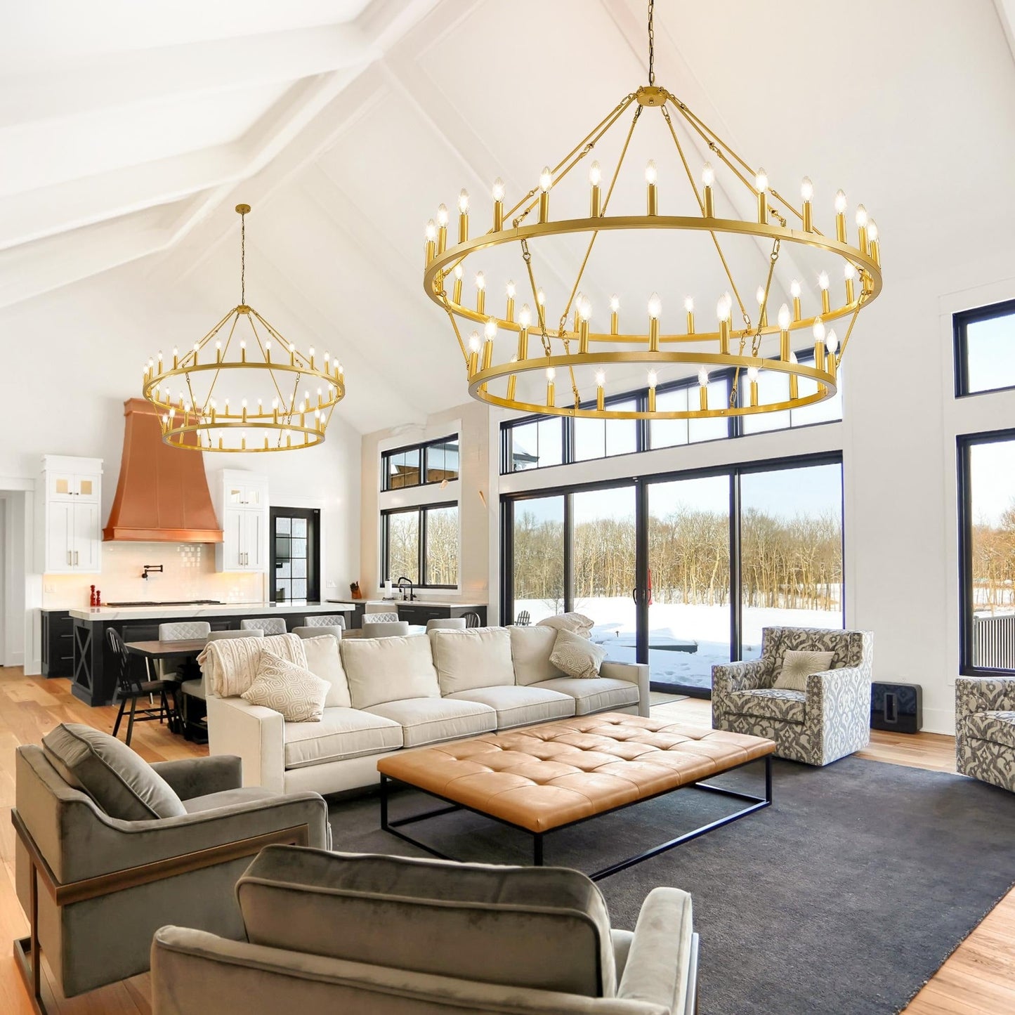 Luminaire moderne de style farmhouse, lustre à 2 niveaux en forme de roue de charrette, grand luminaire pour plafond haut.