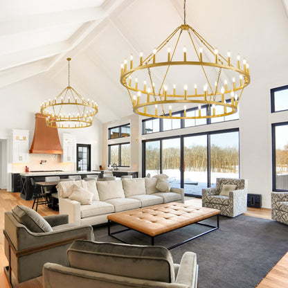 Luminaire moderne de style farmhouse, lustre à 2 niveaux en forme de roue de charrette, grand luminaire pour plafond haut.