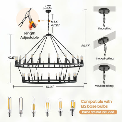 Luminaire moderne de style farmhouse, lustre à 2 niveaux en forme de roue de charrette, grand luminaire pour plafond haut.