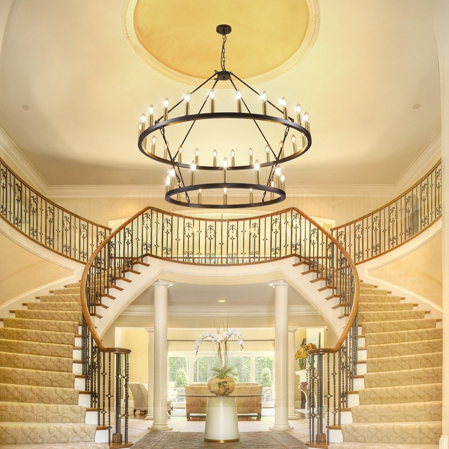 Luminaire moderne de style farmhouse, lustre à 2 niveaux en forme de roue de charrette, grand luminaire pour plafond haut.