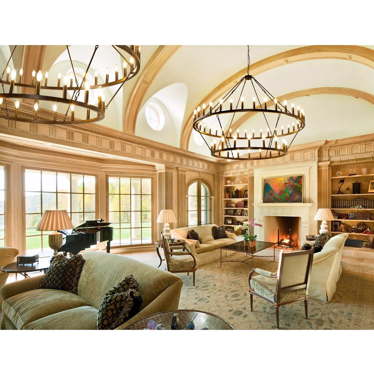 Luminaire moderne de style farmhouse, lustre à 2 niveaux en forme de roue de charrette, grand luminaire pour plafond haut.