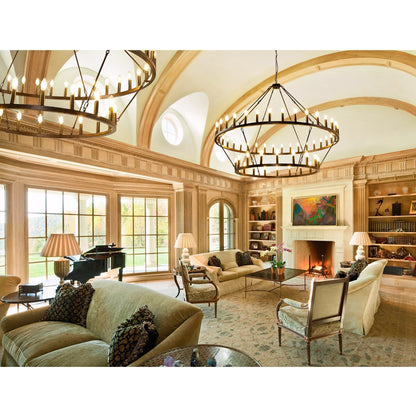 Luminaire moderne de style farmhouse, lustre à 2 niveaux en forme de roue de charrette, grand luminaire pour plafond haut.