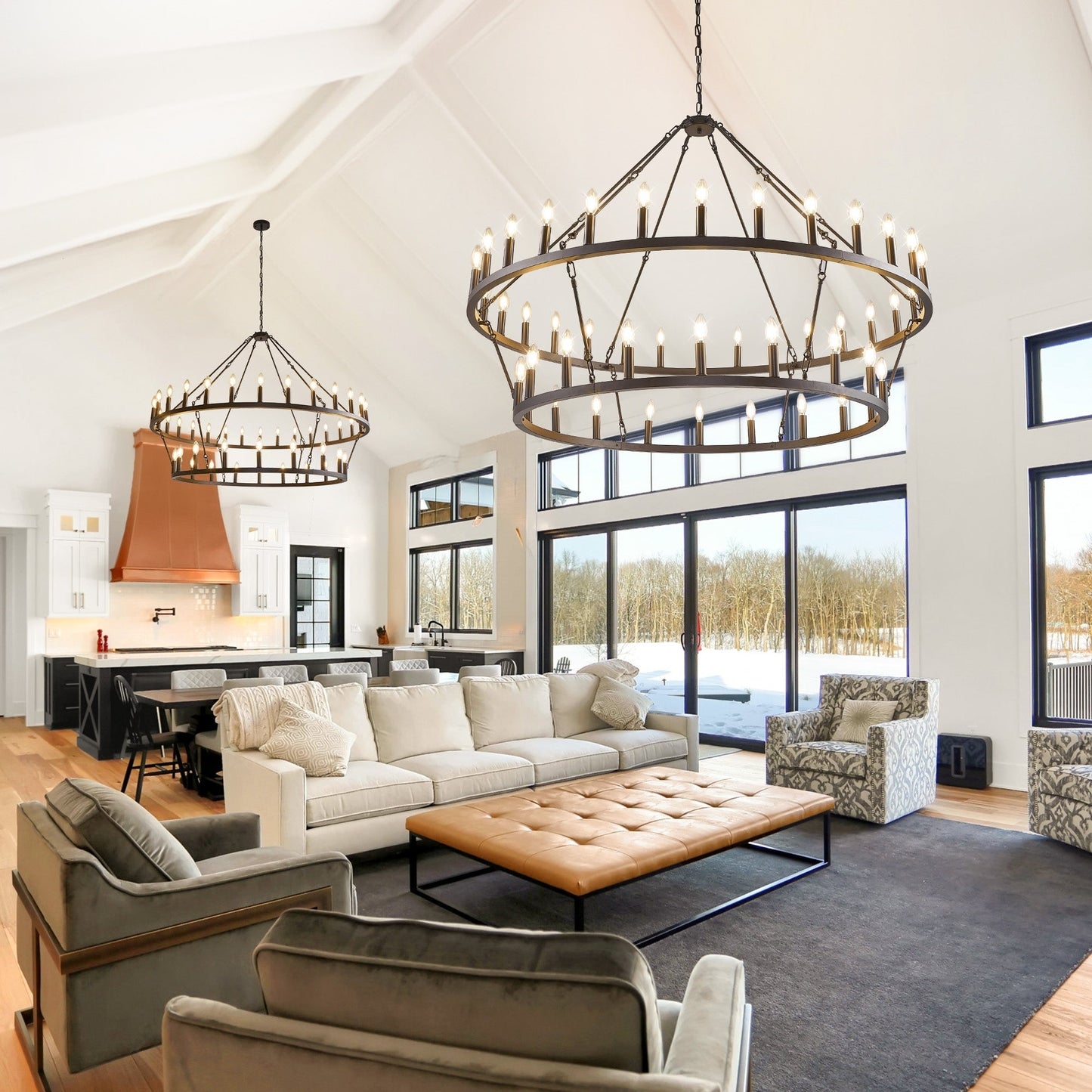 Luminaire moderne de style farmhouse, lustre à 2 niveaux en forme de roue de charrette, grand luminaire pour plafond haut.