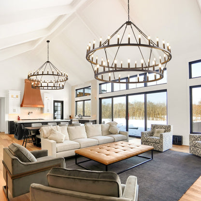 Luminaire moderne de style farmhouse, lustre à 2 niveaux en forme de roue de charrette, grand luminaire pour plafond haut.