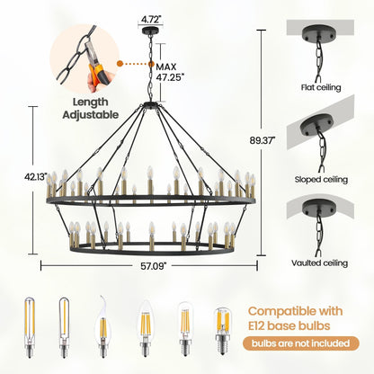 Luminaire moderne de style farmhouse, lustre à 2 niveaux en forme de roue de charrette, grand luminaire pour plafond haut.