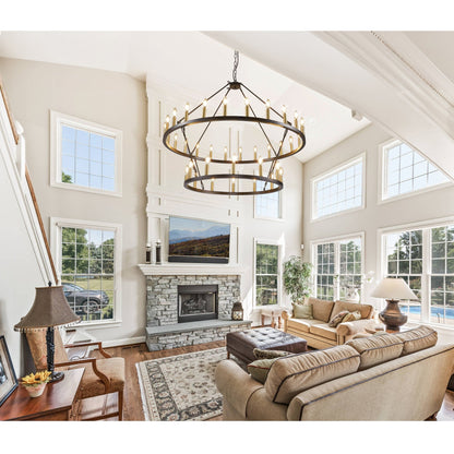 Luminaire moderne de style farmhouse, lustre à 2 niveaux en forme de roue de charrette, grand luminaire pour plafond haut.