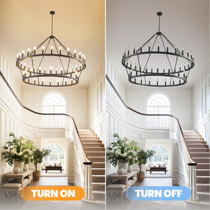 Luminaire moderne de style farmhouse, lustre à 2 niveaux en forme de roue de charrette, grand luminaire pour plafond haut.