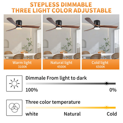 Ventilateur de plafond moderne à montage encastré avec éclairage LED dimmable et télécommande, ventilateur de plafond réversible 42 pouces pour salon, noir.