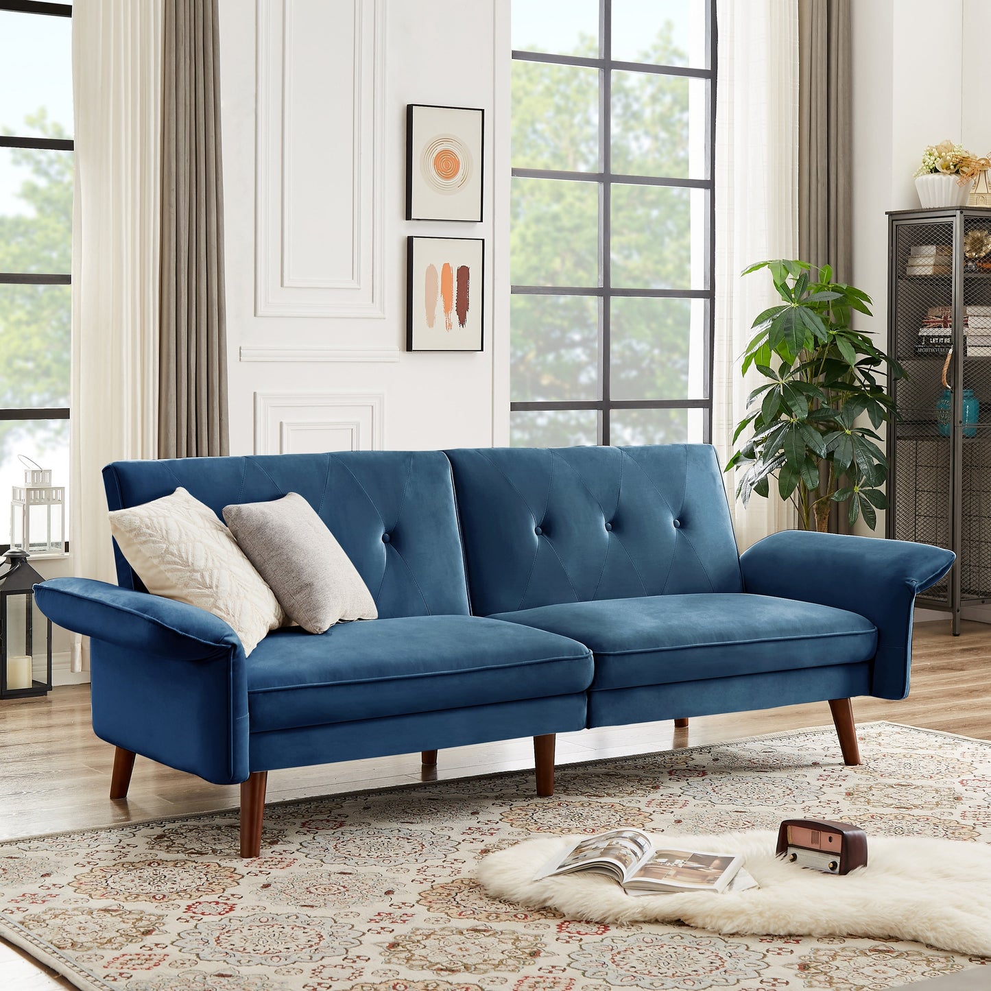 Modern Futon Sofa Bed, Convertible Sleeper Sofa with Tapered Wood Legs, 78.35 W, Small Split Back Sofa for Living Room