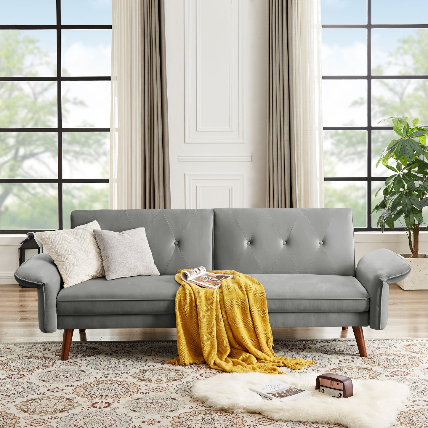 Modern Futon Sofa Bed, Convertible Sleeper Sofa with Tapered Wood Legs, 78.35 W, Small Split Back Sofa for Living Room