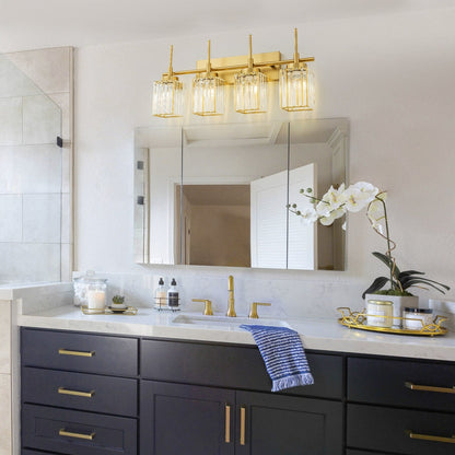 Applique murale moderne dorée à intensité variable, style glamour, cylindrique, pour salle de bain, avec cristaux, pour miroir de salle de bain.