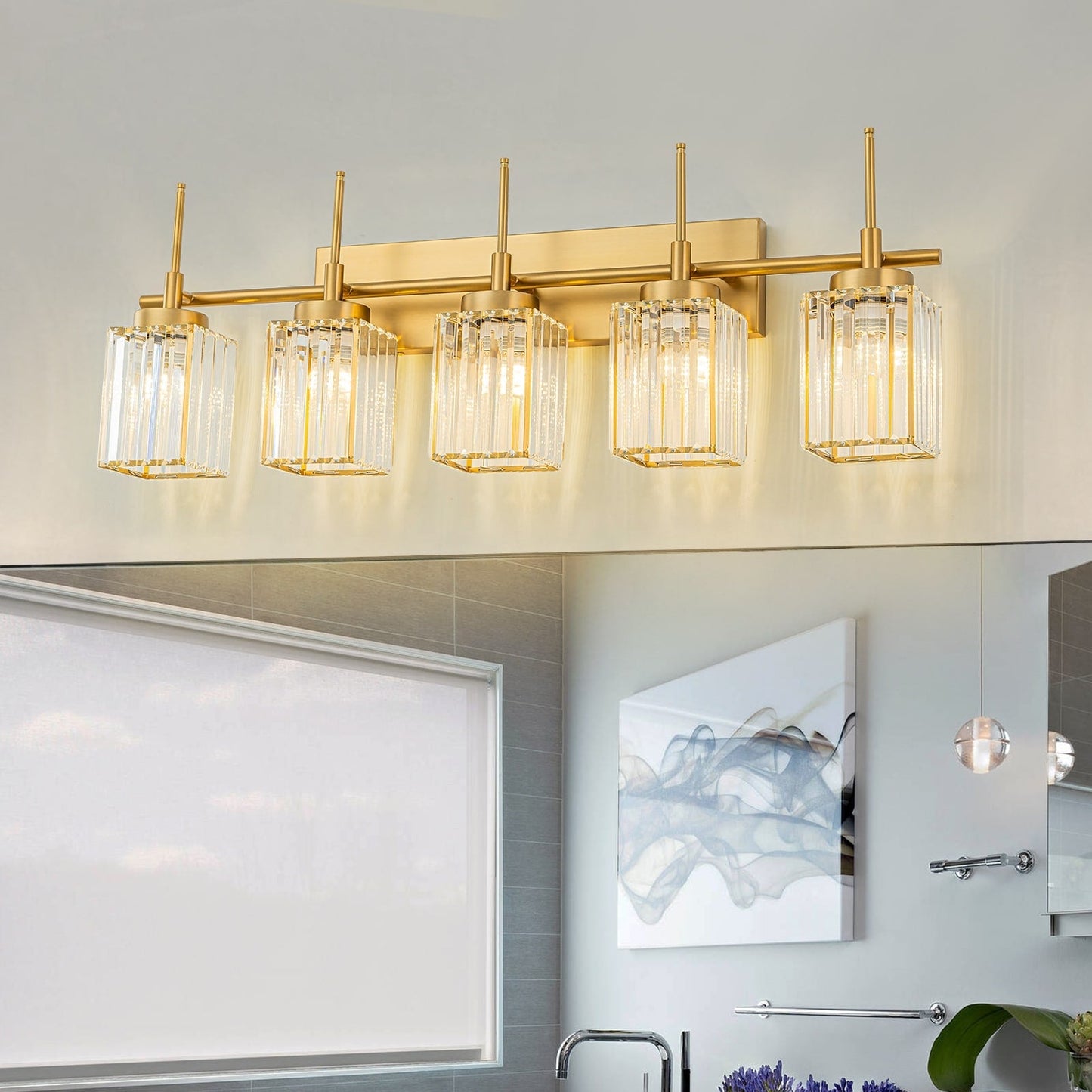 Applique murale moderne dorée à intensité variable, style glamour, cylindrique, pour salle de bain, avec cristaux, pour miroir de salle de bain.