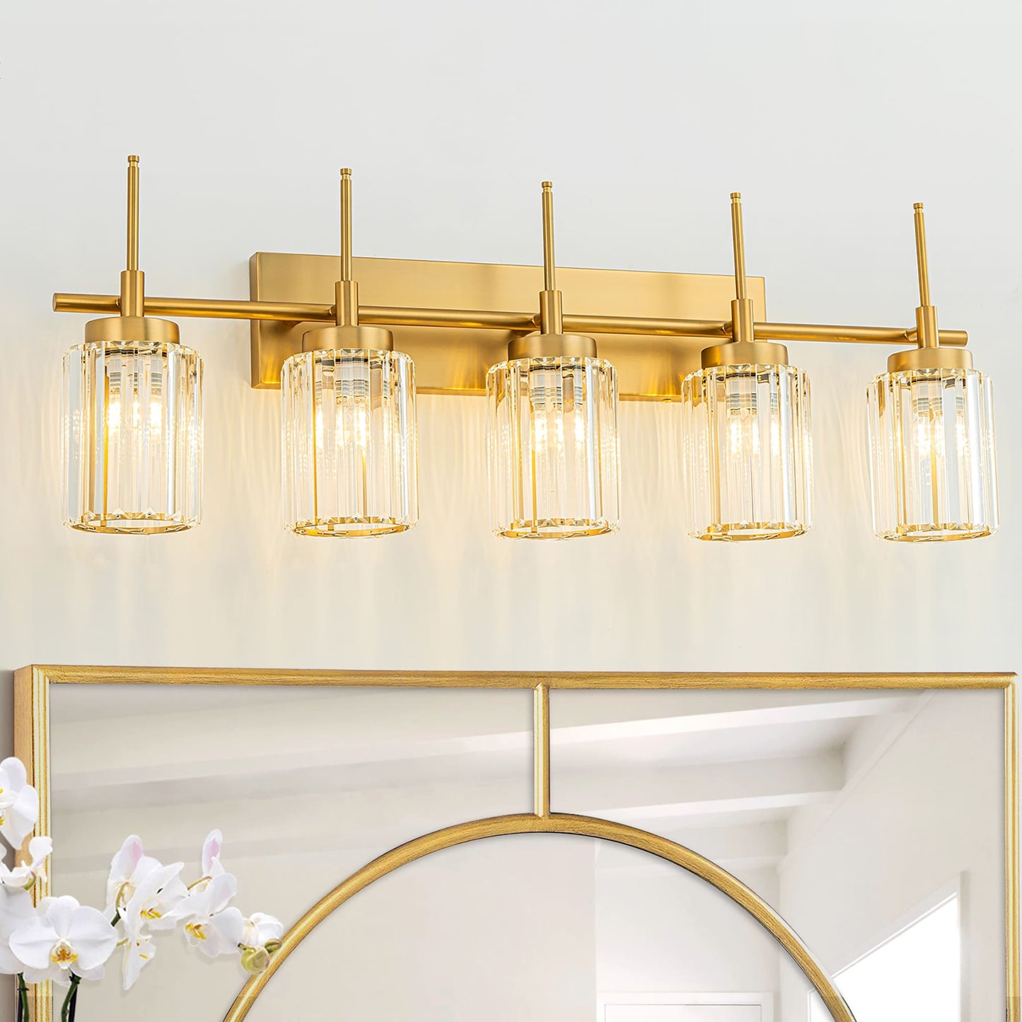 Applique murale moderne dorée à intensité variable, style glamour, cylindrique, pour salle de bain, avec cristaux, pour miroir de salle de bain.