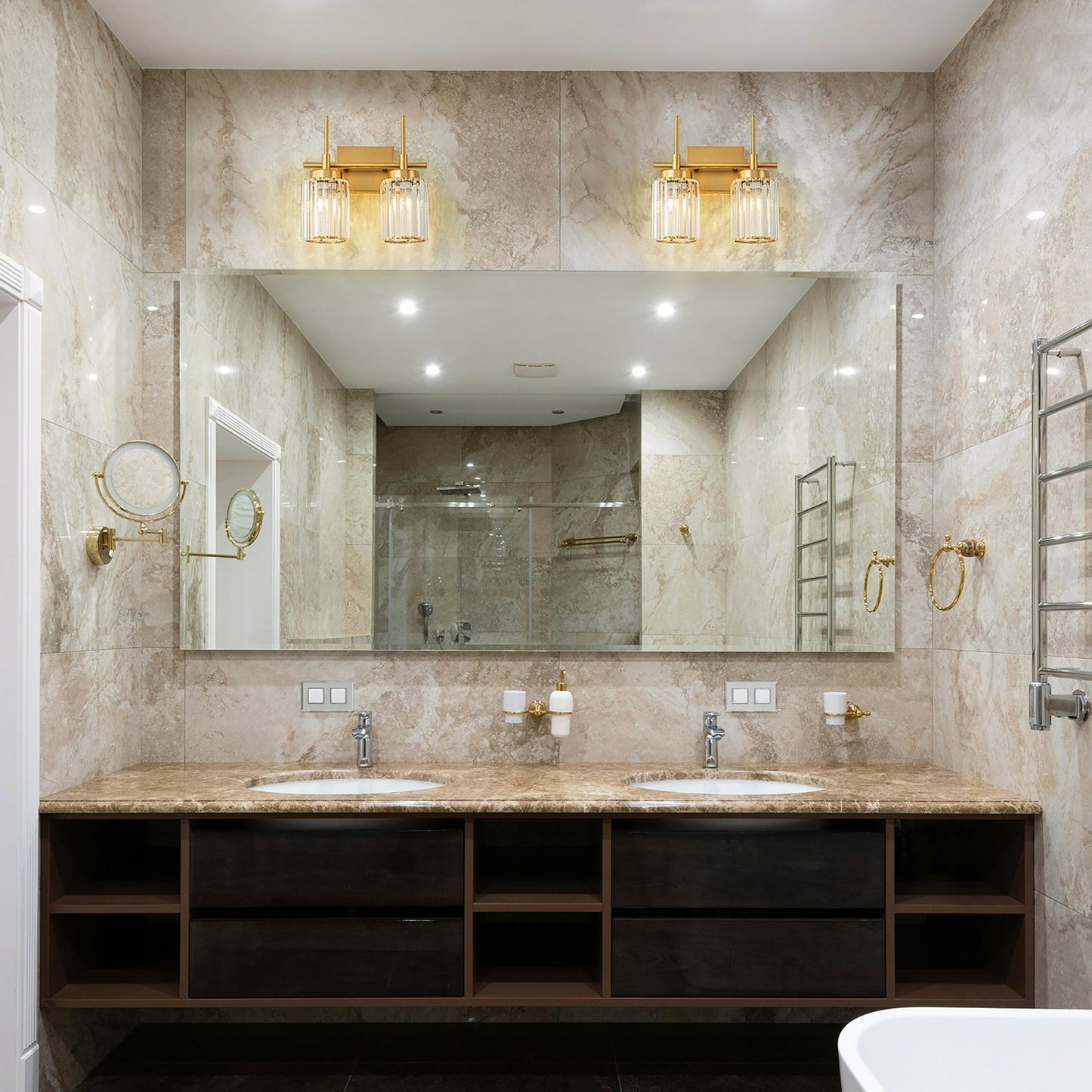 Applique murale moderne dorée à intensité variable, style glamour, cylindrique, pour salle de bain, avec cristaux, pour miroir de salle de bain.