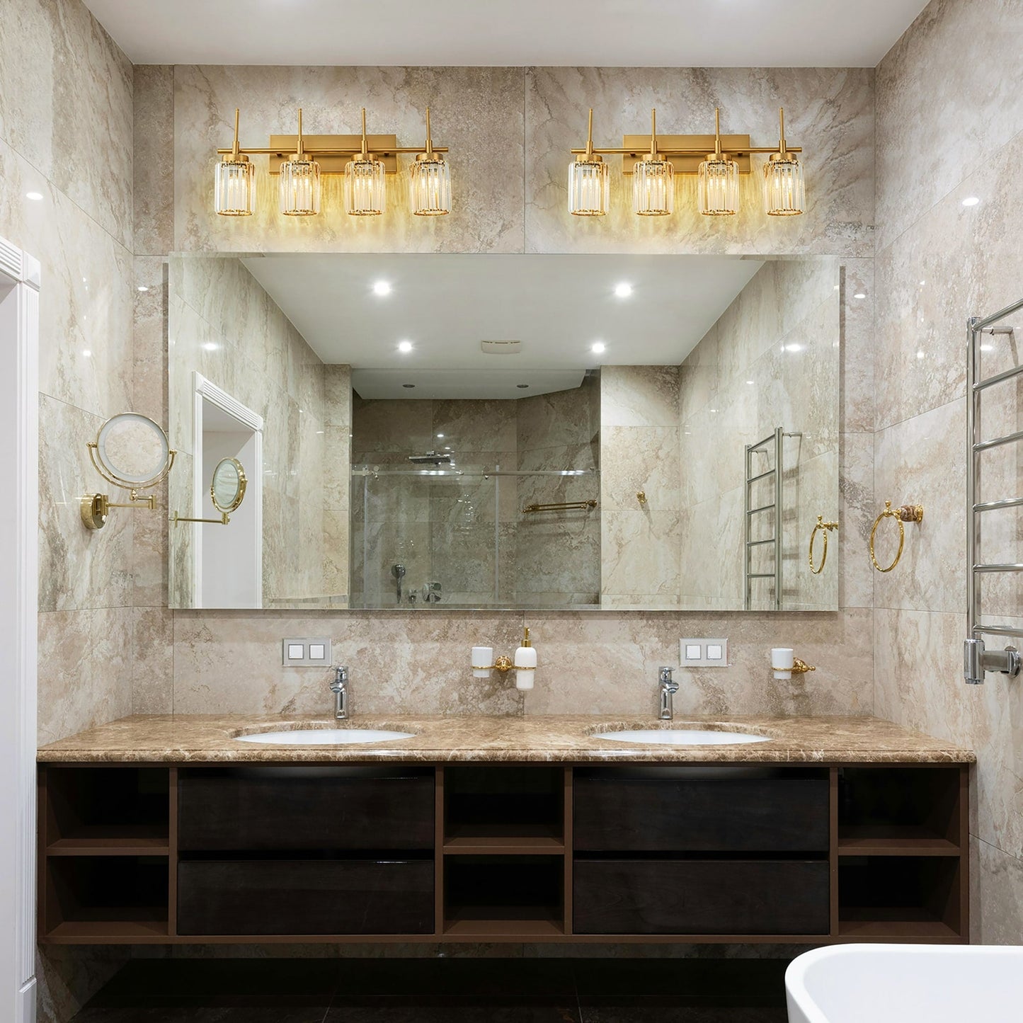 Applique murale moderne dorée à intensité variable, style glamour, cylindrique, pour salle de bain, avec cristaux, pour miroir de salle de bain.