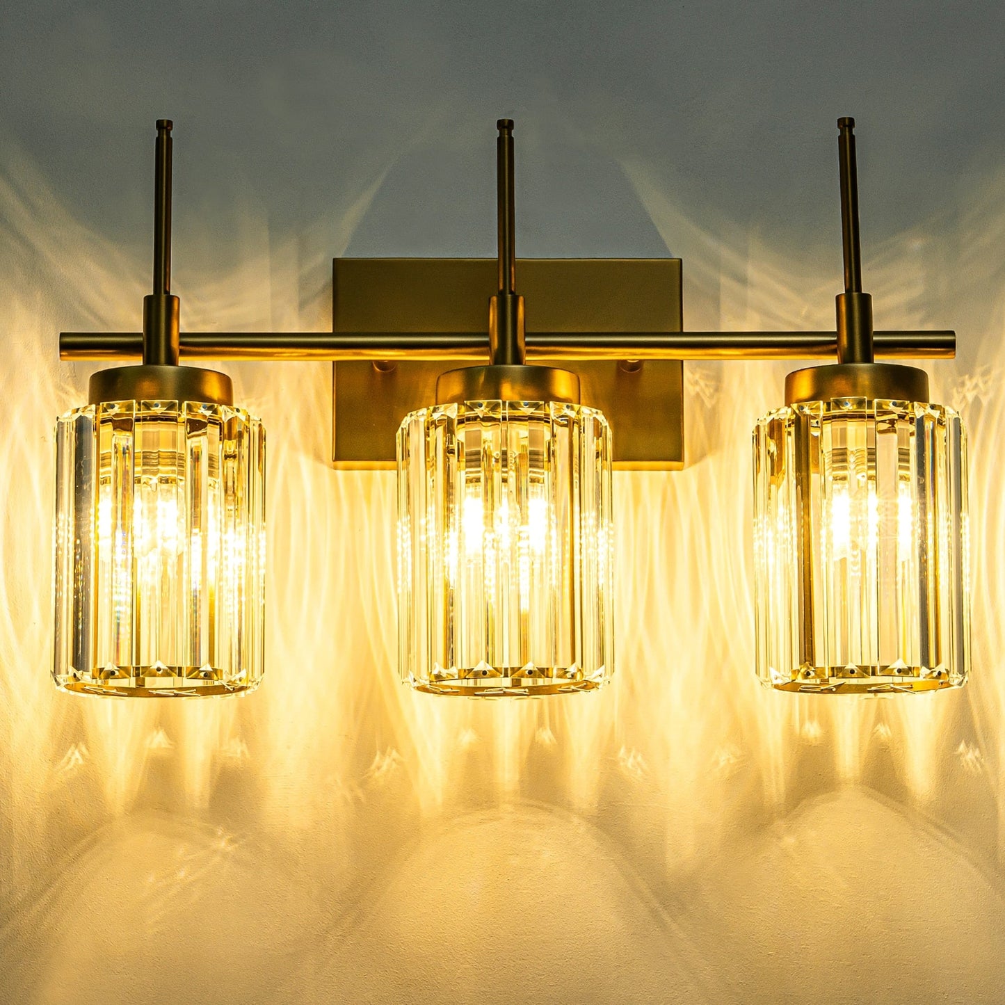 Applique murale moderne dorée à intensité variable, style glamour, cylindrique, pour salle de bain, avec cristaux, pour miroir de salle de bain.