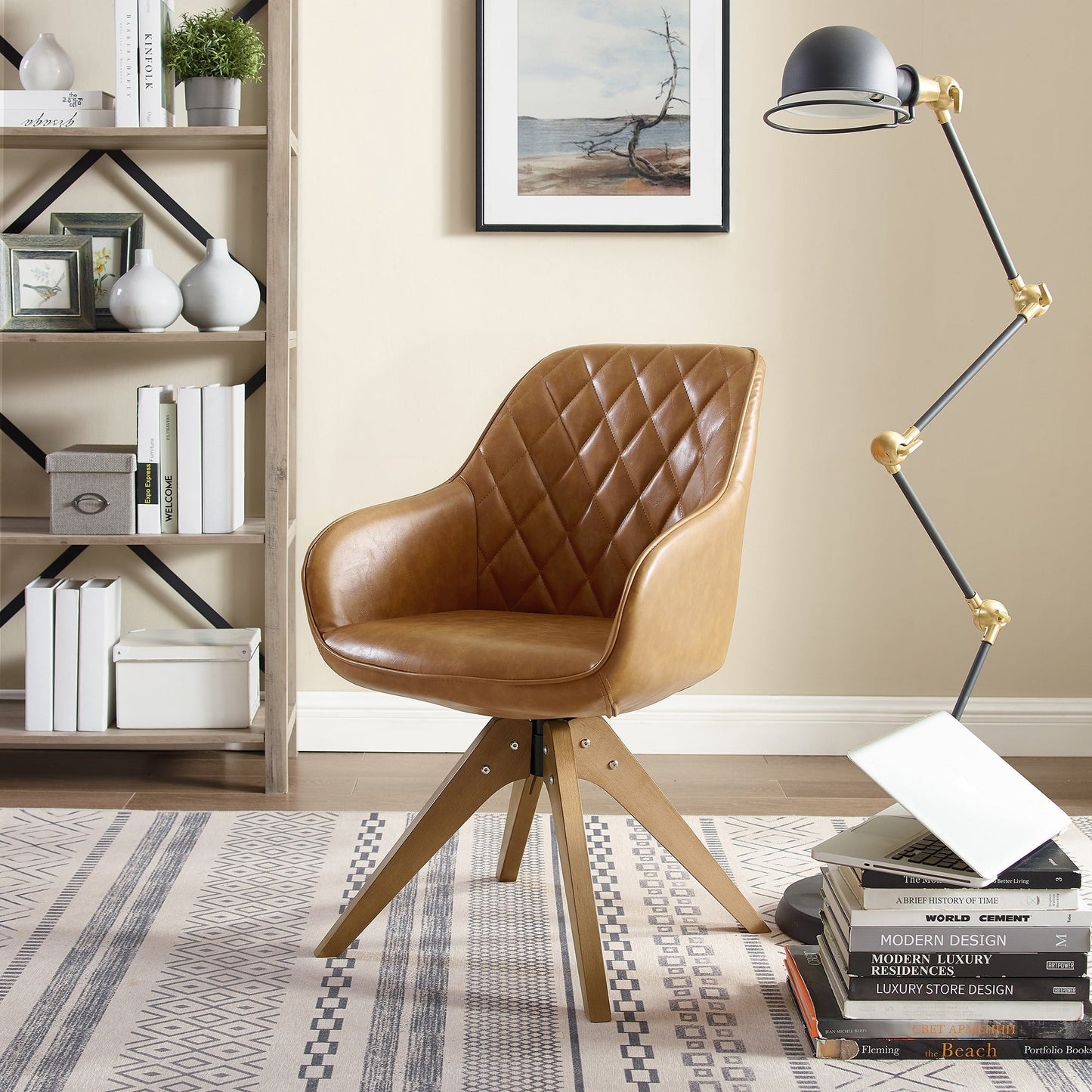 Fauteuil pivotant à accoudoirs pour bureau moderne Art Leon avec pieds en bois
