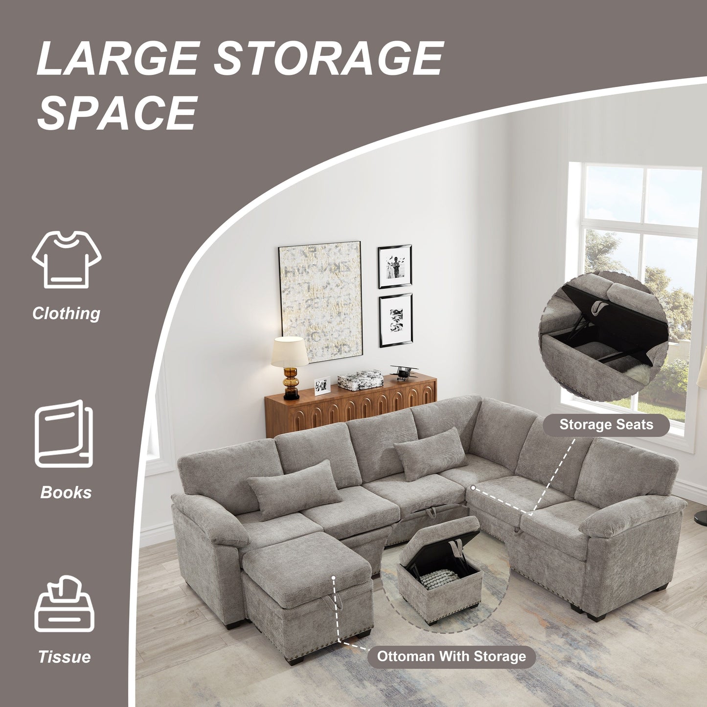 Modern L-Shaped Chenille Sectional Sofa with Pull-Out Sleeper, Storage Seats, Ottoman and 2 Pillows for Living Room