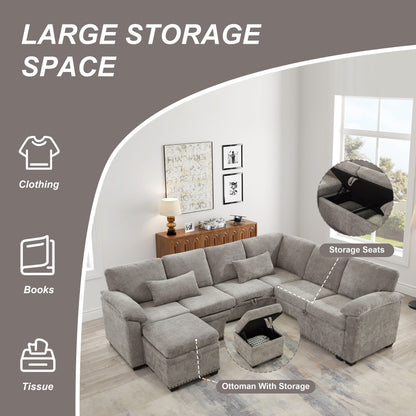Modern L-Shaped Chenille Sectional Sofa with Pull-Out Sleeper, Storage Seats, Ottoman and 2 Pillows for Living Room