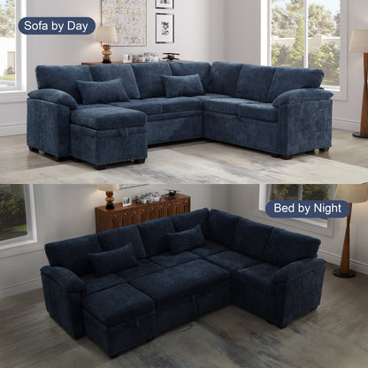 Modern L-Shaped Chenille Sectional Sofa with Pull-Out Sleeper, Storage Seats, Ottoman and 2 Pillows for Living Room