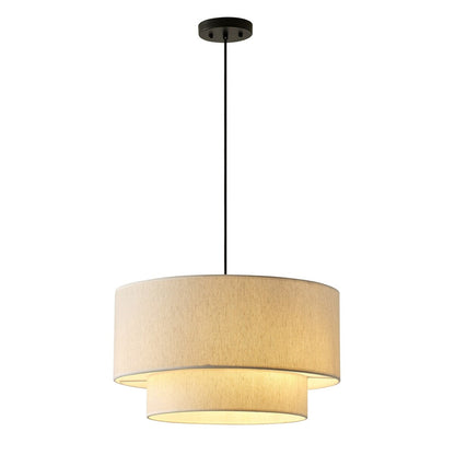 Suspension moderne en forme de tambour blanc cassé avec abat-jour en tissu de lin à 2 niveaux