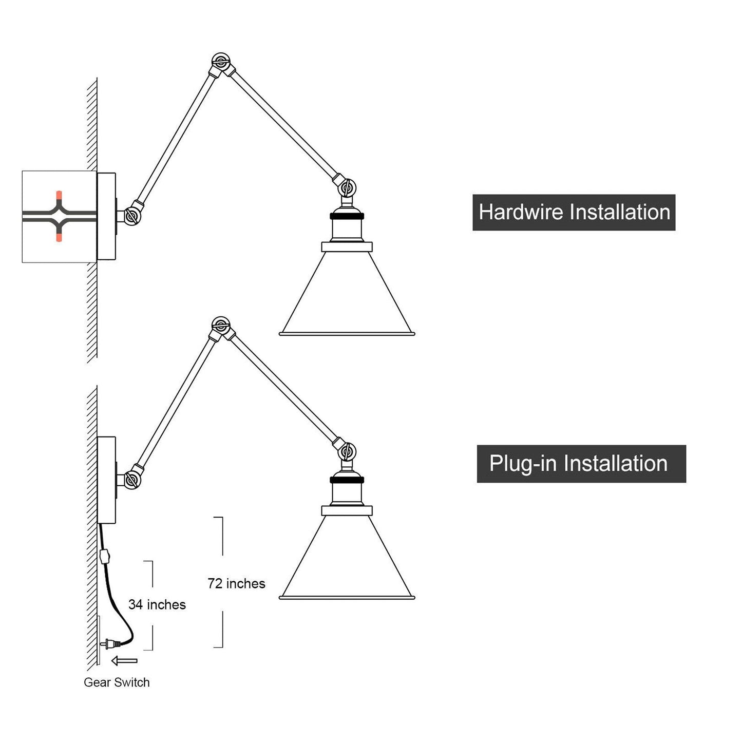 Ensemble de 2 appliques murales modernes à bras oscillant réglable, à brancher ou à câbler.