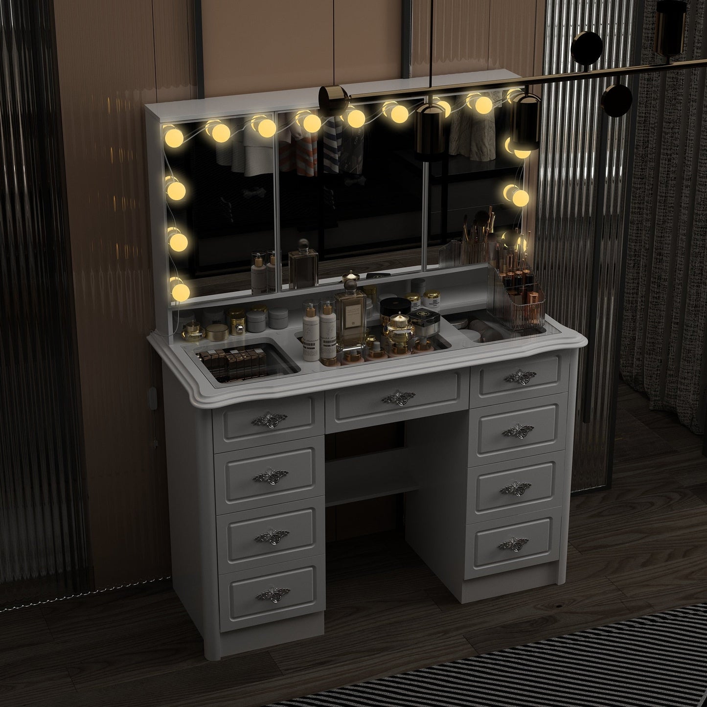 Coiffeuse moderne blanche avec miroir pliable, éclairage réglable - 40,2x54,1