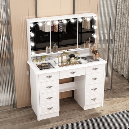 Coiffeuse moderne blanche avec miroir pliable, éclairage réglable - 40,2x54,1