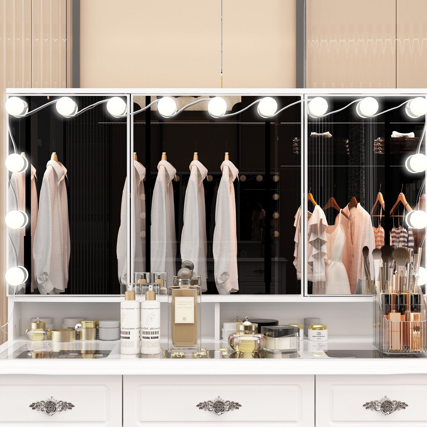 Coiffeuse moderne blanche avec miroir pliable, éclairage réglable - 40,2x54,1