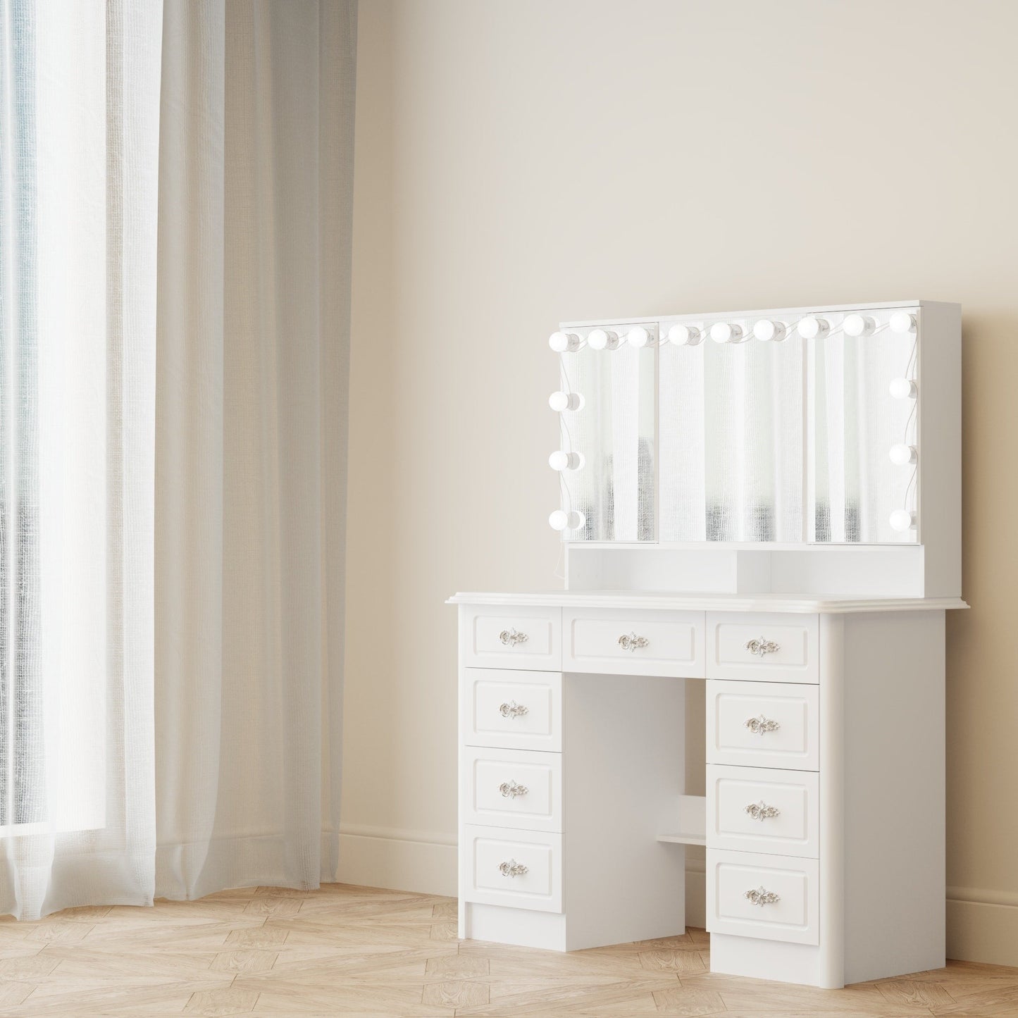 Coiffeuse moderne blanche avec miroir pliable, éclairage réglable - 40,2x54,1