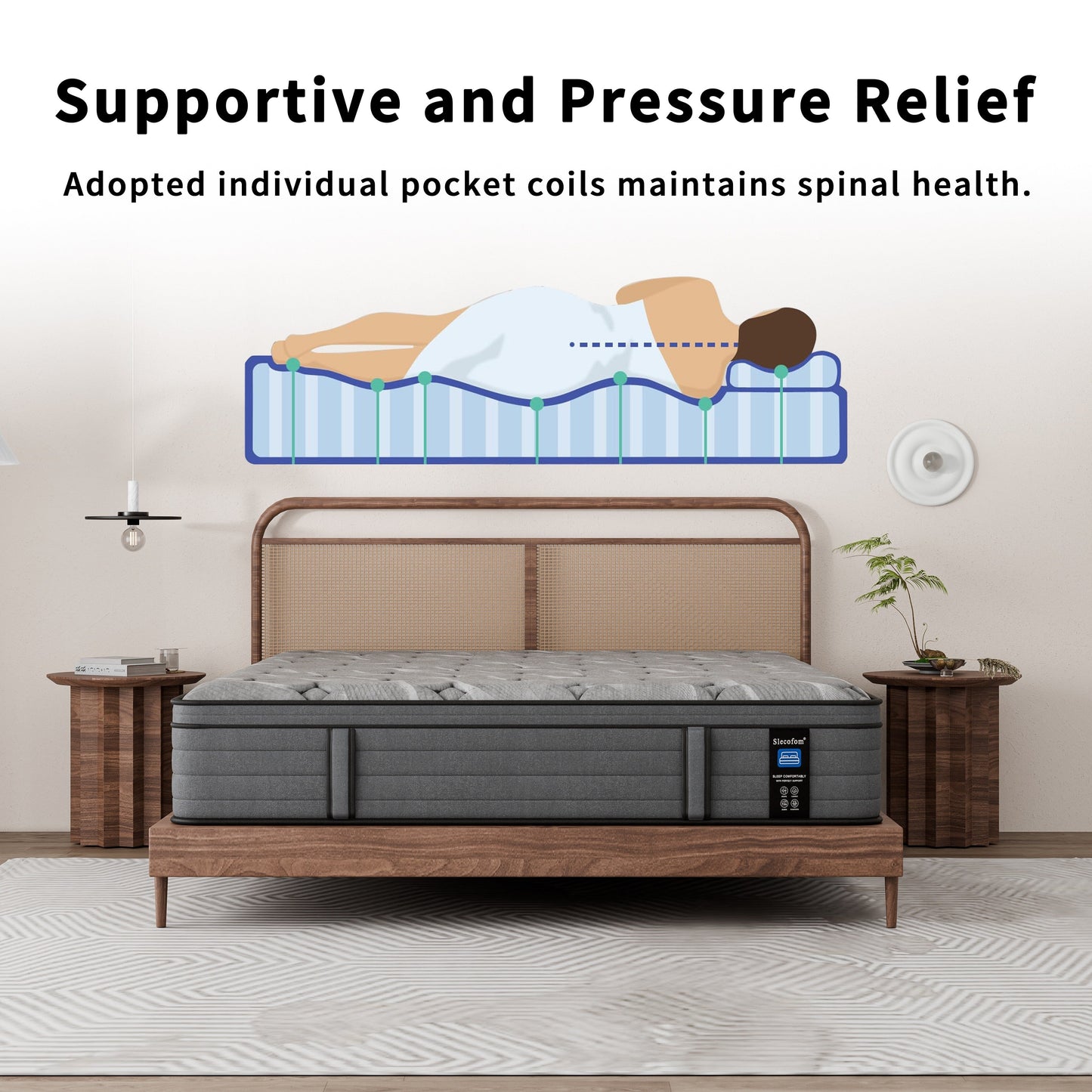 Modland Matelas hybride à ressorts ensachés de 35,5 cm (14 pouces) à revêtement européen de densité moyenne, livré dans une boîte