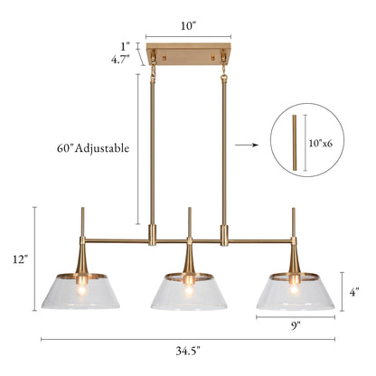 Luminaire suspendu linéaire à 3 lumières en verre perlé, style moderne, couleur or, pour salle à manger.