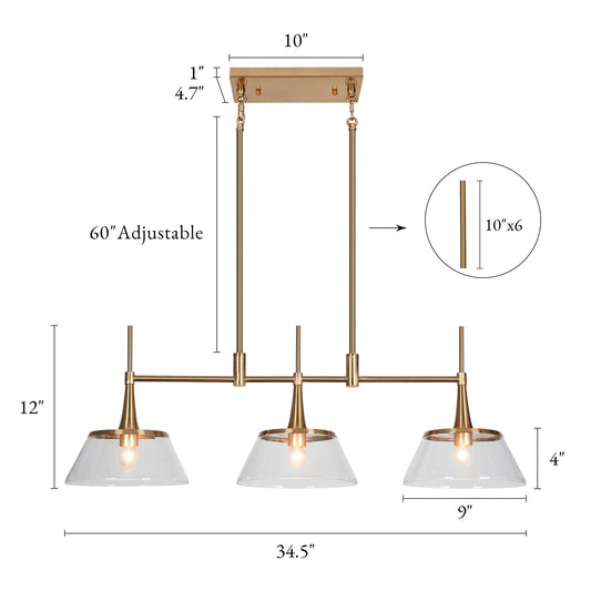 Luminaire suspendu linéaire à 3 lumières en verre perlé, style moderne, couleur or, pour salle à manger.