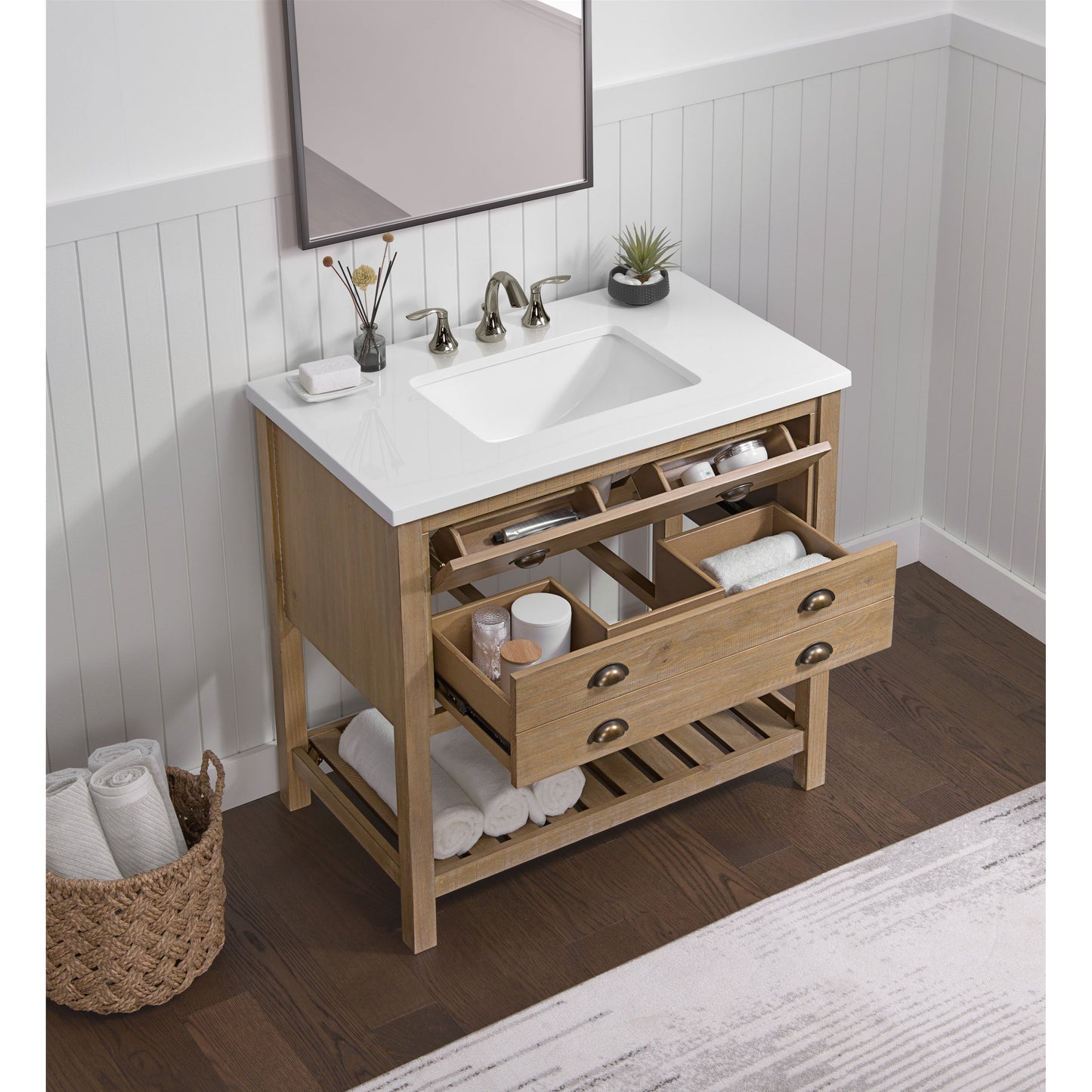 Meuble-lavabo de salle de bain simple Monterey 37, style farmhouse, avec plan de travail.