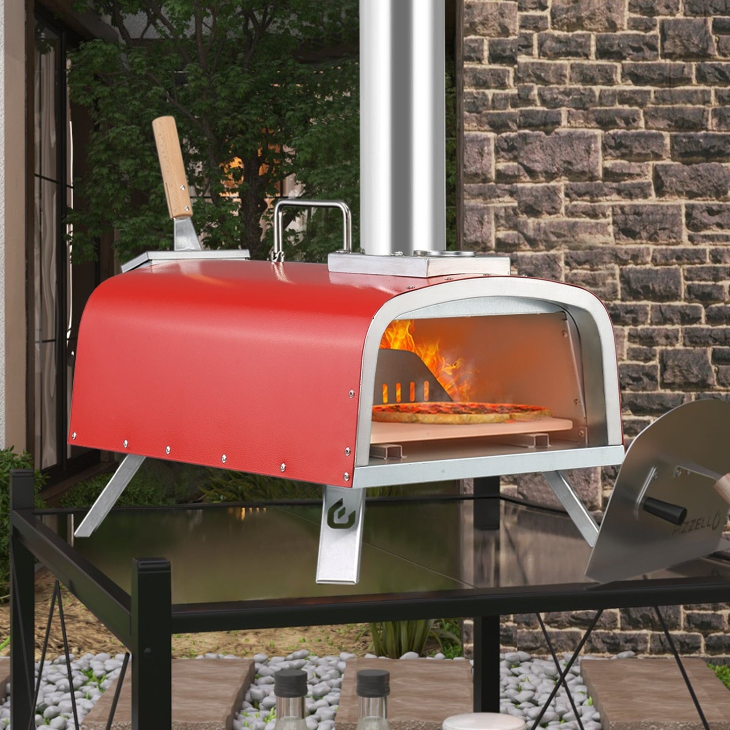 Four à pizza extérieur multi-combustible, cuiseur à pizza sur pierre avec brûleur à gaz et foyer à bois - 30 cm (12 pouces)