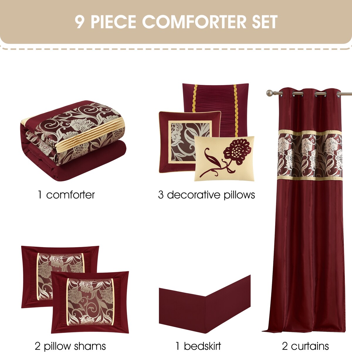Ensemble de Couette à Motifs Floraux en Jacquard Nanshing Brie, 9 Pièces