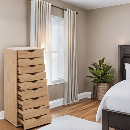 Armoire étroite en bois à 9 tiroirs avec tiroirs à coulisses fluides et étagère de rangement supérieure.