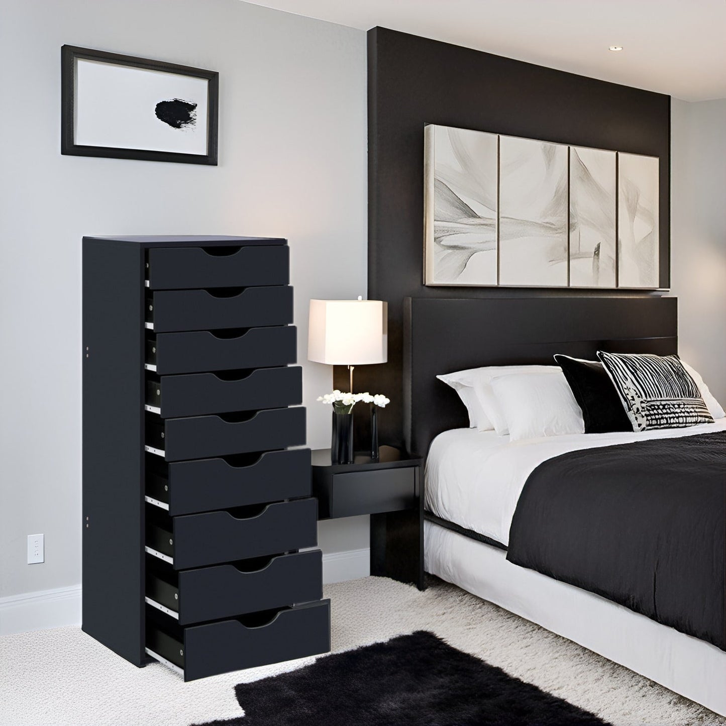 Armoire étroite en bois à 9 tiroirs avec tiroirs à coulisses fluides et étagère de rangement supérieure.